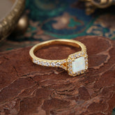 Princess Cut Opal Engagement Ring Halo Half Eternity Pave Band